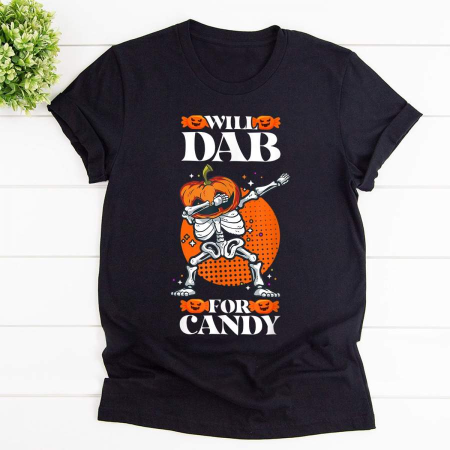 Dabbing Pumpkin Skeleton I Will Dab For Candy Halloween Gift Black Cotton T Shirt For Men and Women S-6XL