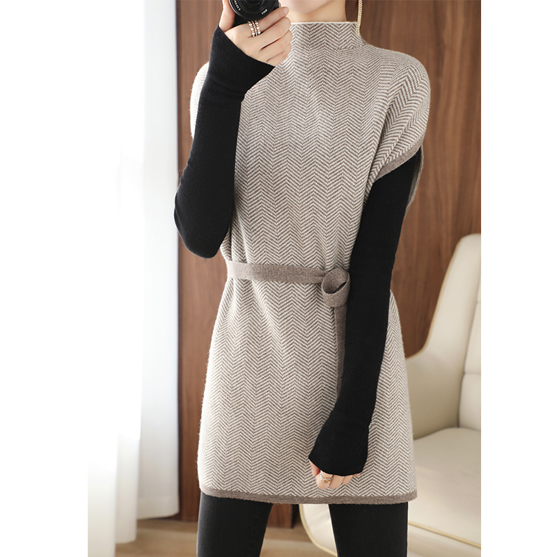 Cashmere Vest Ladies Half High neck Pullover Casual Knitted Striped Waistcoat Spring /Autumn Sleeveless Vest Long Women Sweater alx