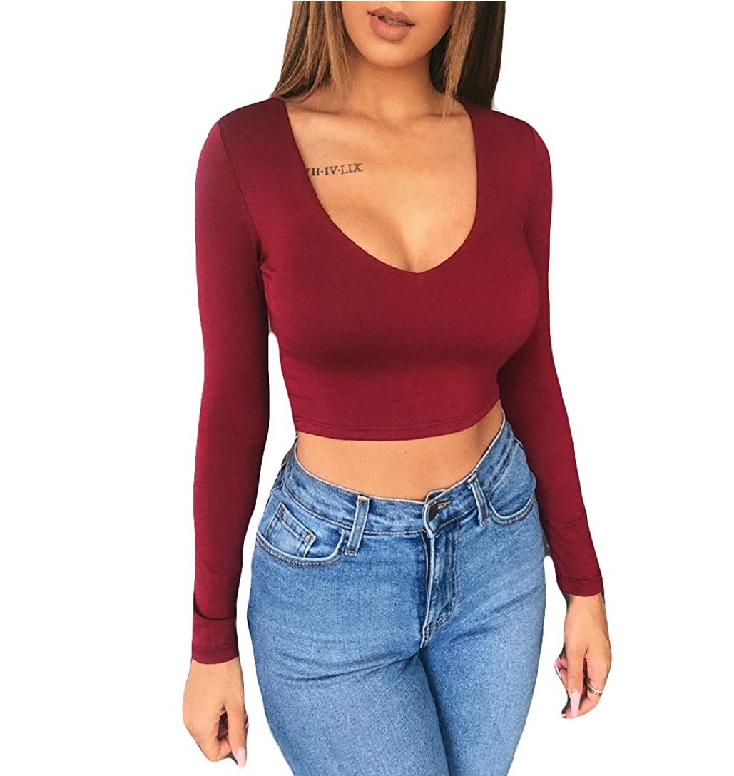 6 Colors Newest Arrival Women Summer Solid V Neck Long Sleeve T-Shirts Short Tops Crop Tops Ladies Casual Tops Tees T Shirts alx