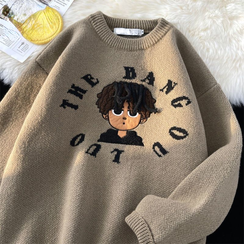 Winter Autumn O Neck Men Harajuku Vintage Knitted Sweater 2022 Streetwear Japanese Anime Cotton Oversized Pullover Sweaters Male alx