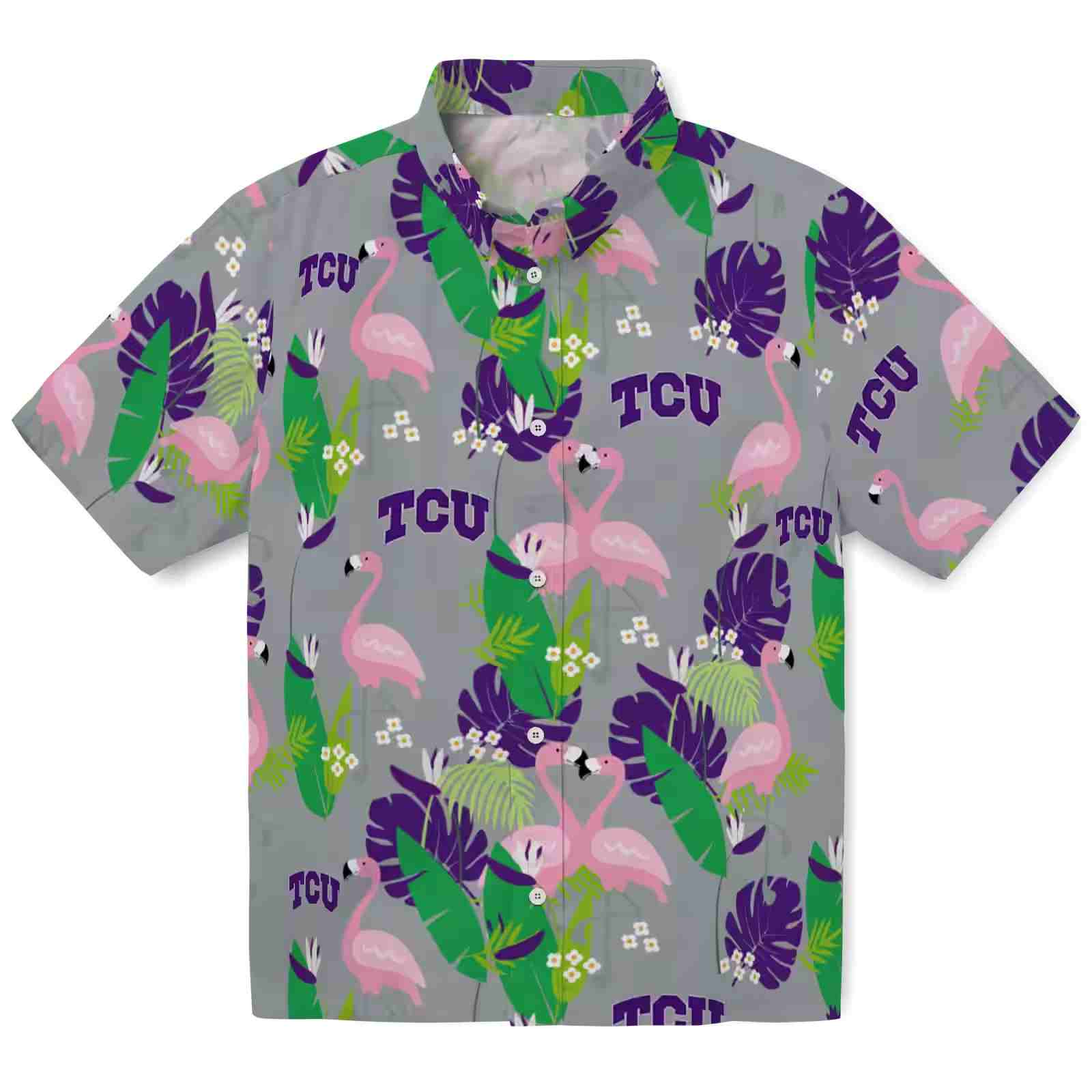 Tcu Horned Frogs Flamingo Foliage Purple Green Hawaiian Shirt