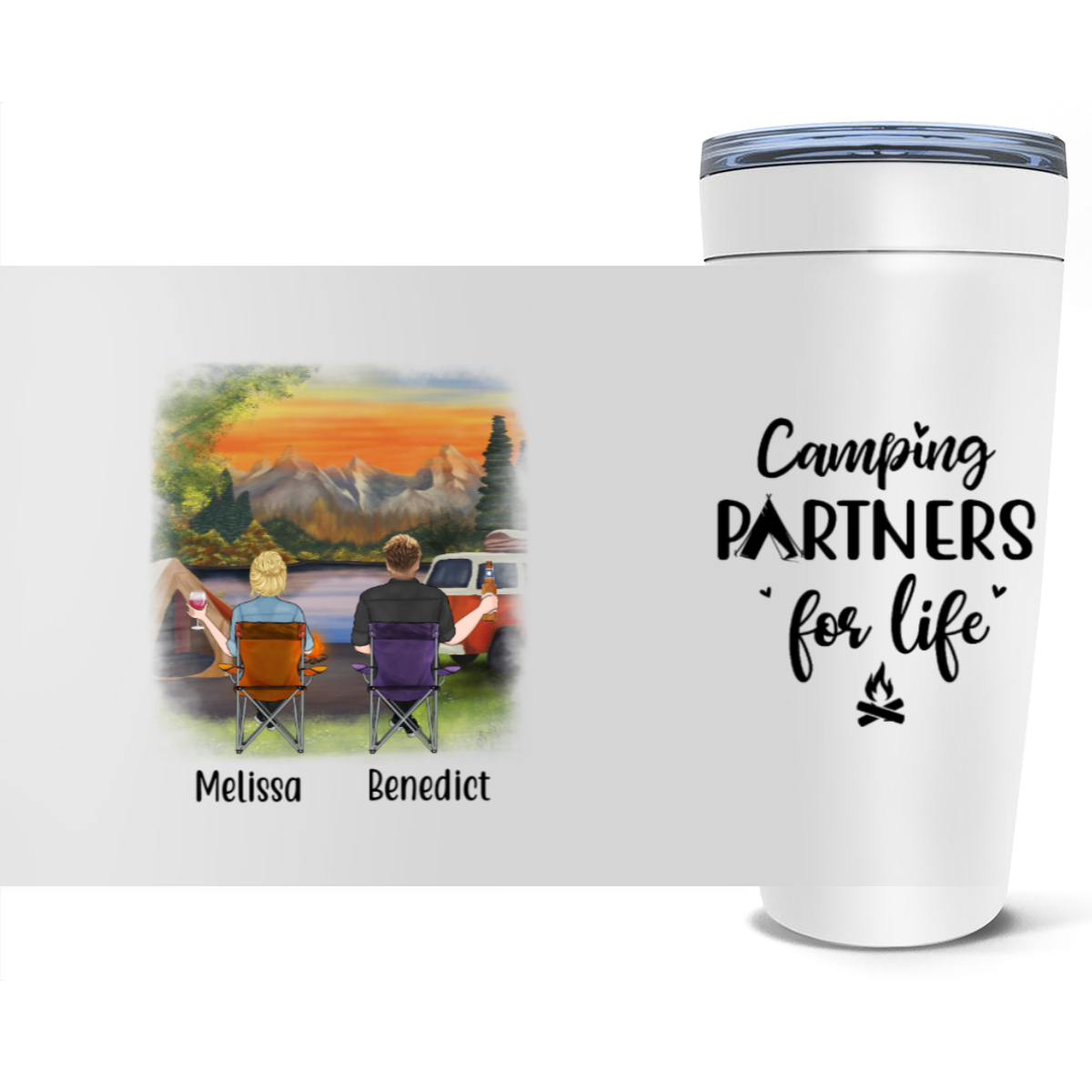 Personalized Tumbler, Camping Chair Couple and Friends Custom Gift For Camping Lovers