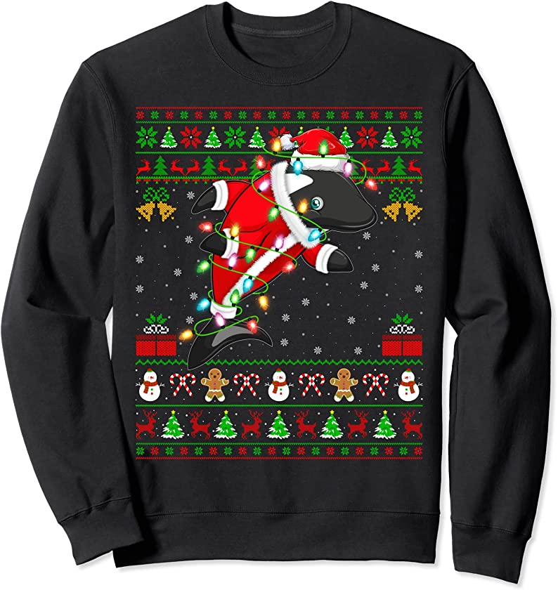 Xmas Lights Ugly Sweater Style Santa Orca Christmas Sweatshirt