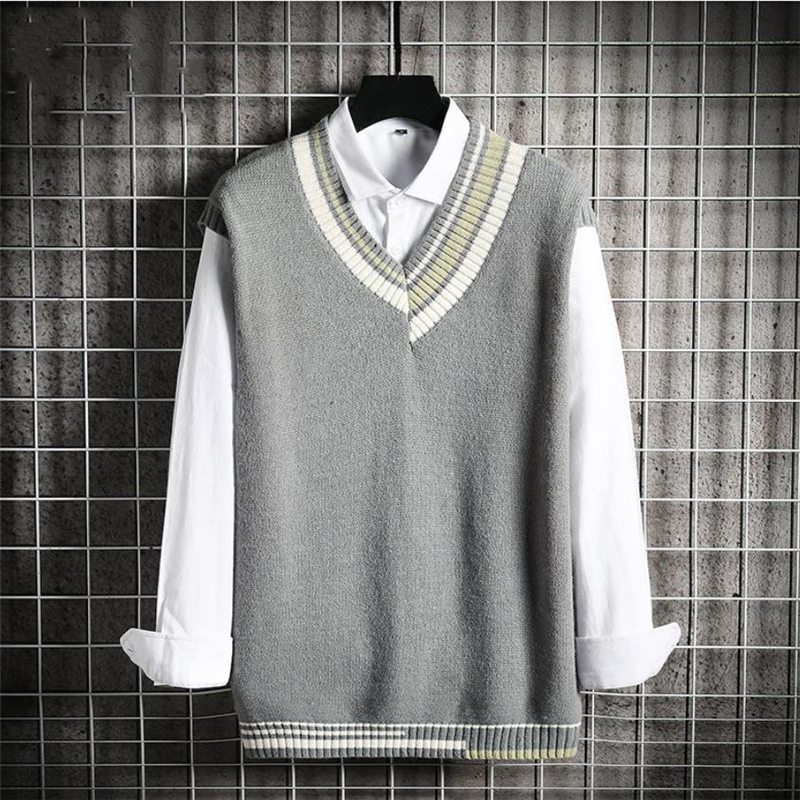 Sweater Vest Men Autumn Winter Fashion V Neck Pullover Preppy Style Sleeveless Knitted Sweaters Casual Baggy Knitwear 2021 New alx