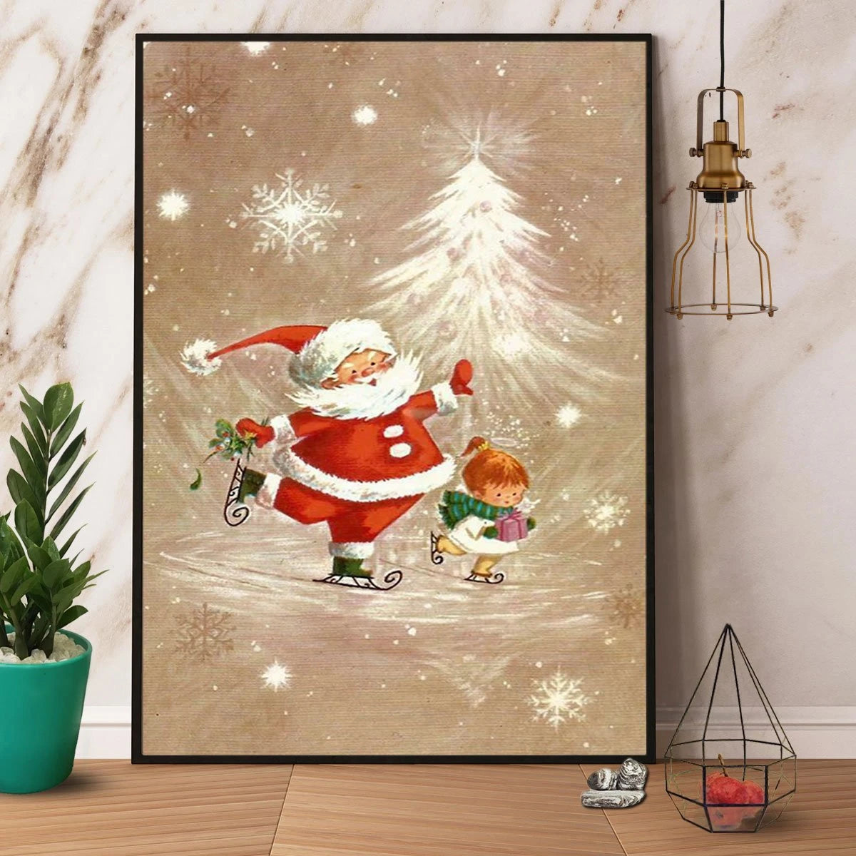 Cute Santa Skating With Baby Girl Snowflakes Merry Christmas Gifts Vintage Matte Canvas Prints Wall Art Decor