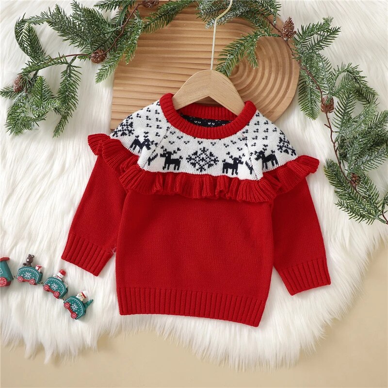 Toddler Baby Girls Christmas Sweaters Autumn Winter Long Sleeve Round Neck Ruffle Knit Pullover Tops Kid Xmas Outfit alx