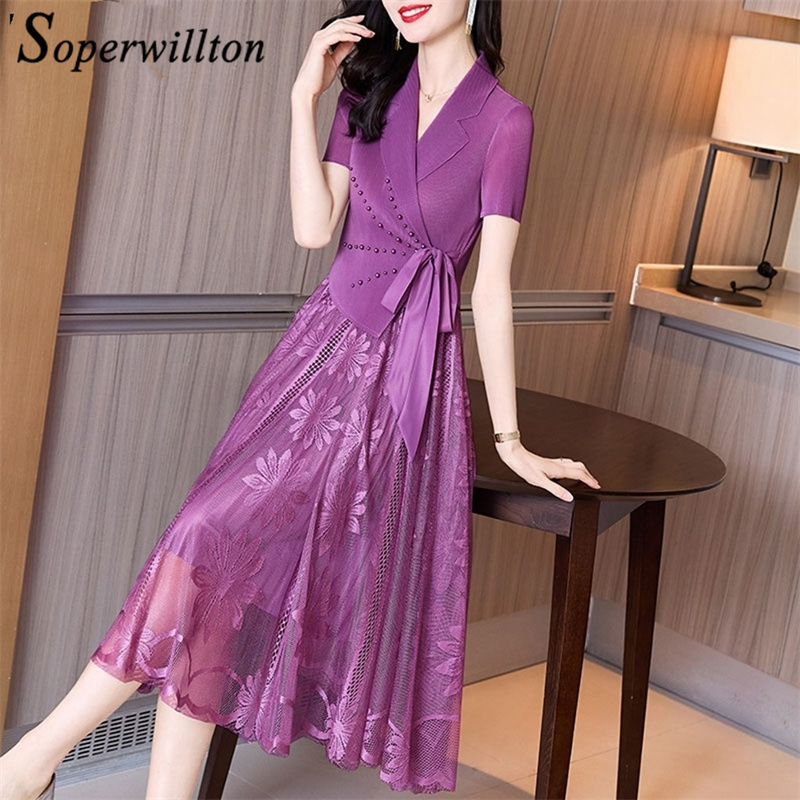 2022 Vestidos Bow Mesh V-Neck Elegant Embroidered Flares Chiffon Female Thin Robe Women’s Short Sleeve Summer Midi Lady Dresses alx