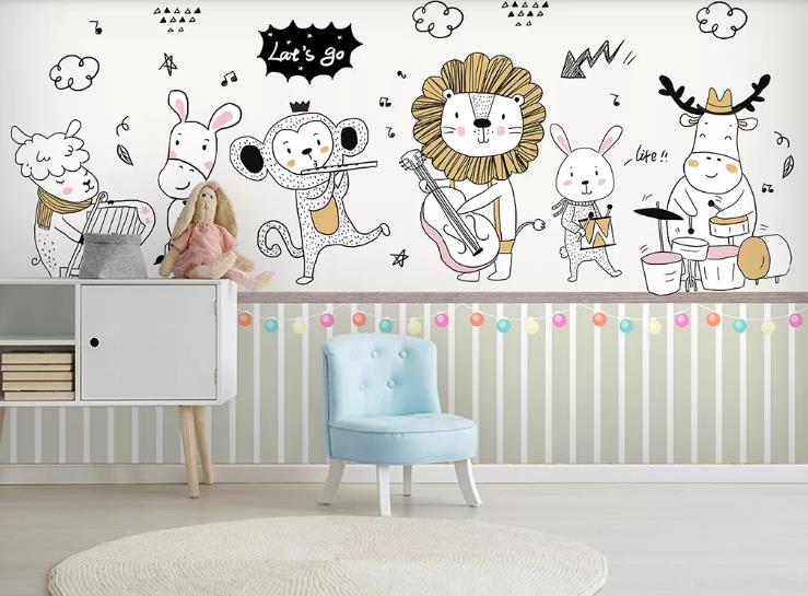 3D Hand Drawn Animal Lion Monkey Band Wall Mural Wallpaper Lqh 364