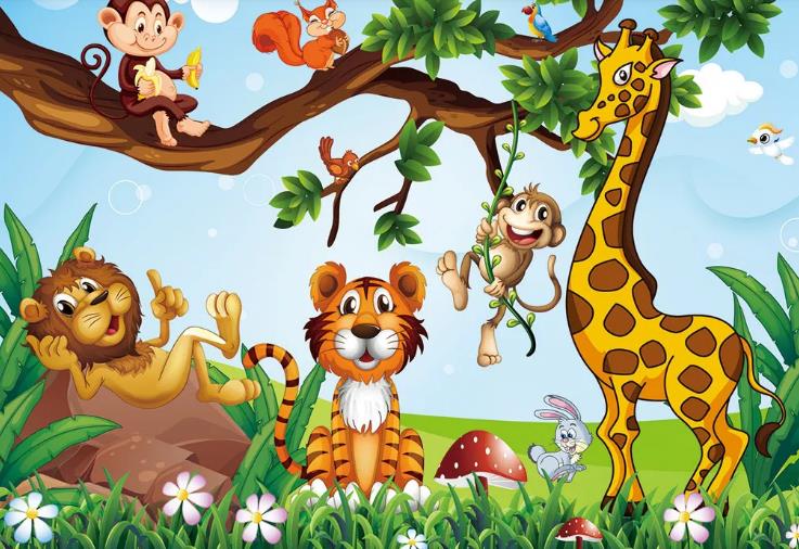 3D Cartoon Forest Animal Lion Giraffe Wall Mural Wallpaper Lqh 575