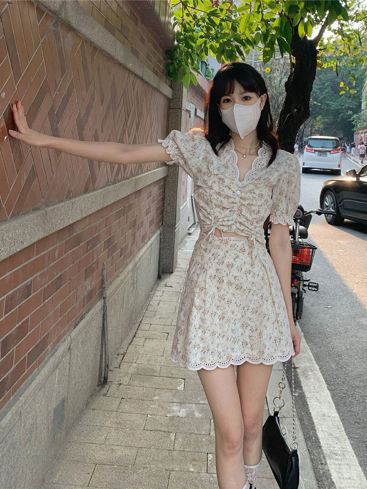 Skirt Sets Women Flower Print Cute Sexy Short Dress Suits Female 2022 Summer New Lace Top +A-Line Dress Two-pieces Clothes Trend alx