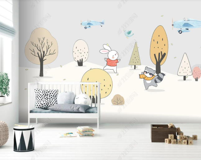 3D Hand Drawn Cartoon Animal Rabbit Raccoon Bird Plant Woods Airplane Wall Mural Wallpaper Lll 2807