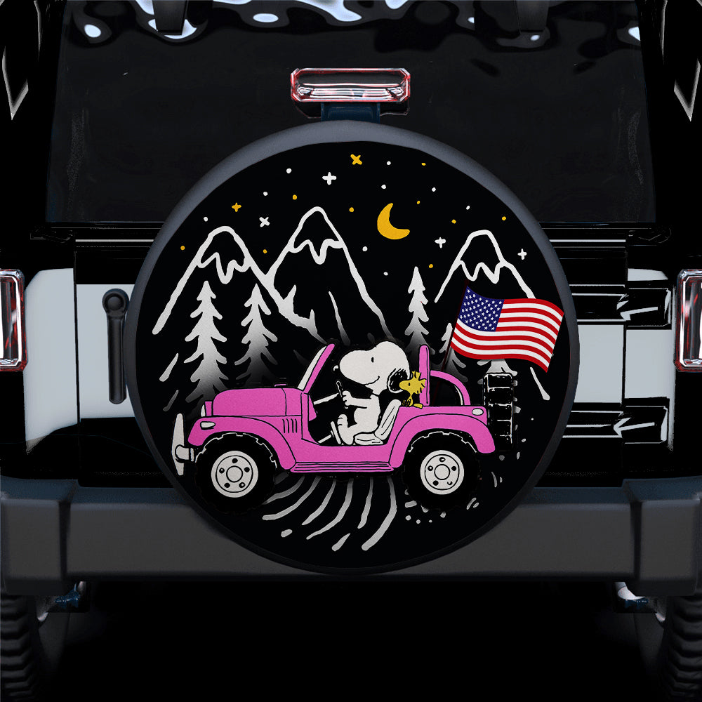 Snoopy Pink Jeep Us Flag Mountain Car Spare Tire Covers Gift For Campers