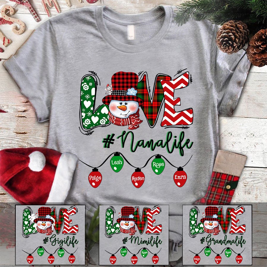 Personalized Gnomes Snowman Grandma T Shirt, Christmas Grandma Shirt Custom Kidname, Nana Lights Custom Names for Xmas, Christmas Nana Shirt