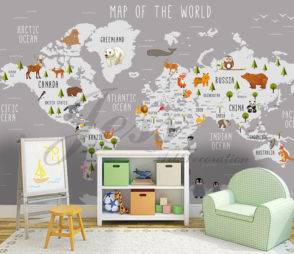 3D Nursery Kids Room Animal World Map   Removable Wallpaper Peel Stick Wall Mural,Wall Decal,Children Toddler,Baby, Wall Sticker L9