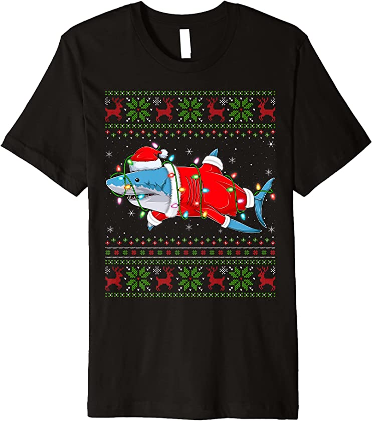 Shark Lover Xmas Lights Ugly Santa Shark Christmas Premium T-Shirt