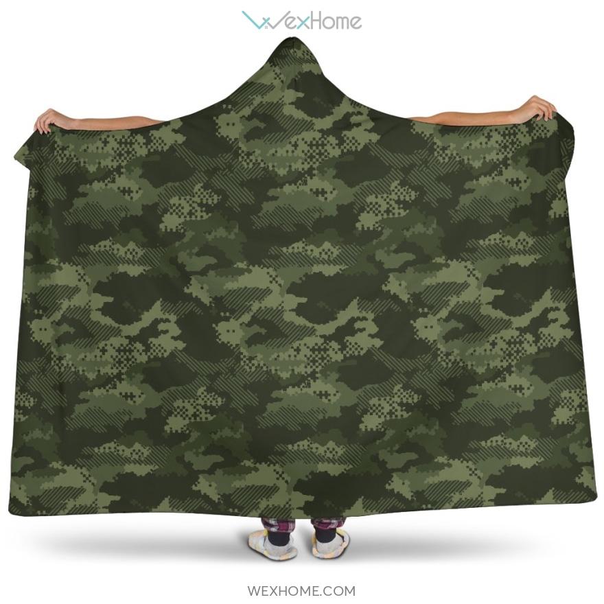 Digital Green Camo Camouflage Pattern Hooded Blanket