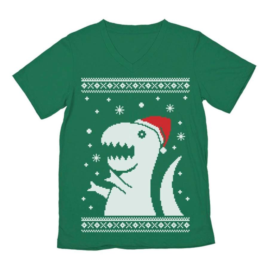 Ugly Christmas Sweater Big Trex Santa – Funny Xmas V-Neck T-Shirt