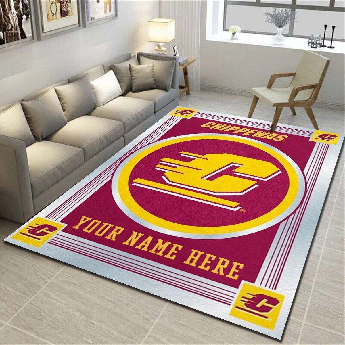 Cent. Michigan Chippewas Personalized Area Rug, Team Living Room Bedroom Carpet, Customized Man Cave Floor Mat