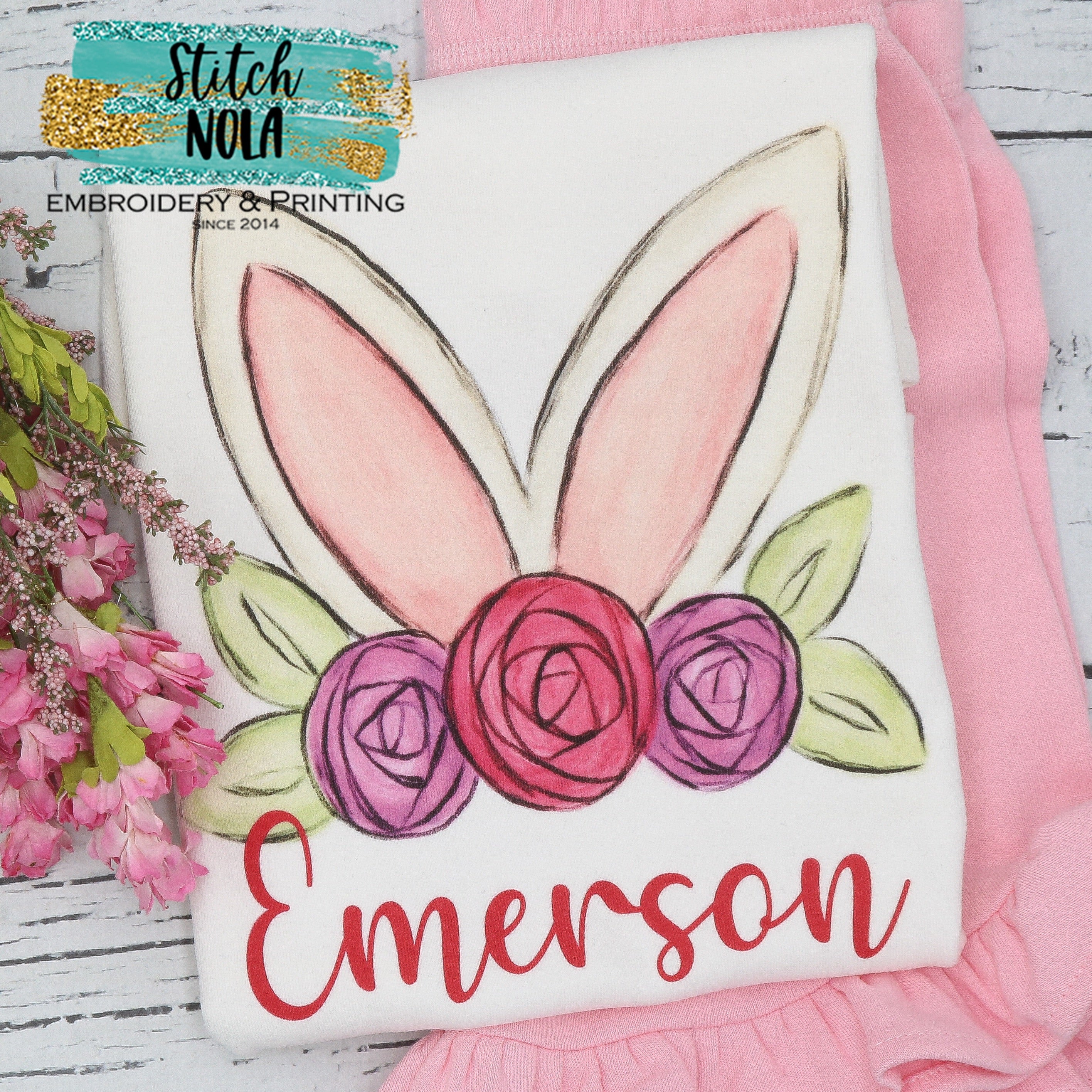 Personalized Easter Bunny Ears With Flower Crown Printed Shirt