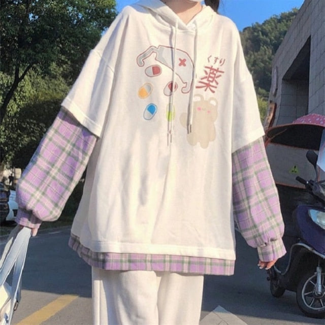 White And Lilac Bear Nurse Print Hoodie Sweatshirt With Long Sleeves In Lilac Plaid