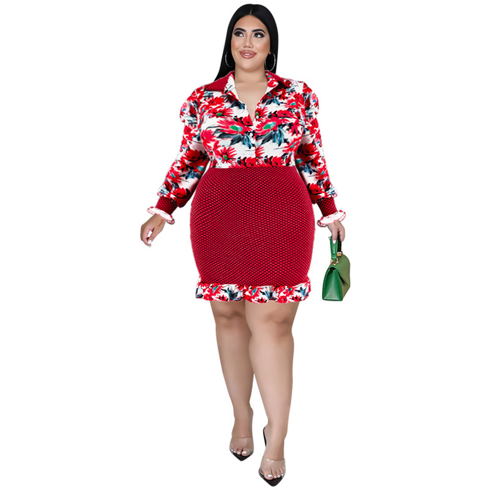 Wmstar Plus Size Dress Women Sweet Floral Patchwork Button Ruffles Hem Fashion Outwear Midi Dresses Wholesale Bulk Dropshipping alx