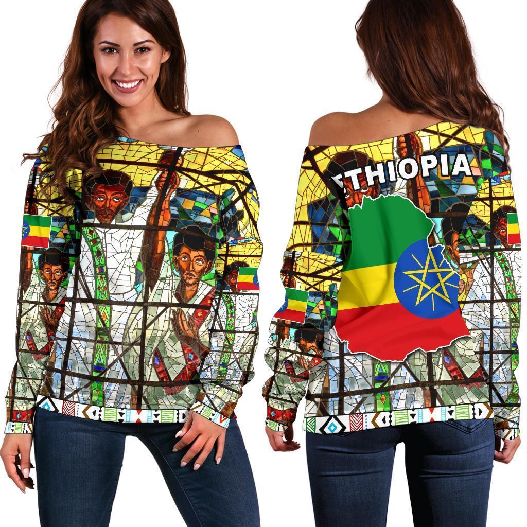 Ethiopia Off Shoulder Sweater, Ethiopian Orthodox Flag Women - Black Queen