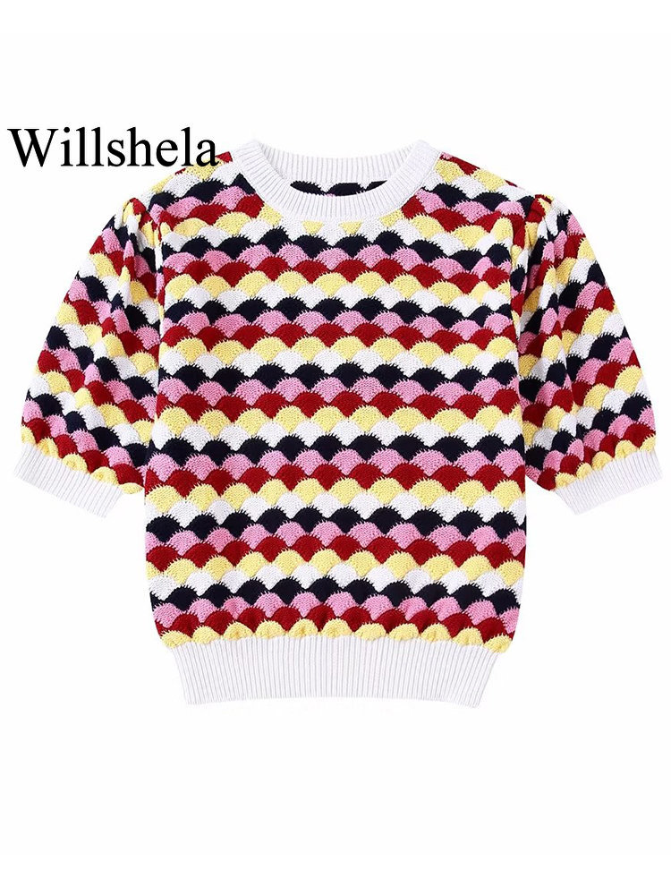 Willshela Women Fashion Printed Cropped Knitted Pullover Sweater Vintage O-Neck Short Sleeves Female Chic Lady Tops alx