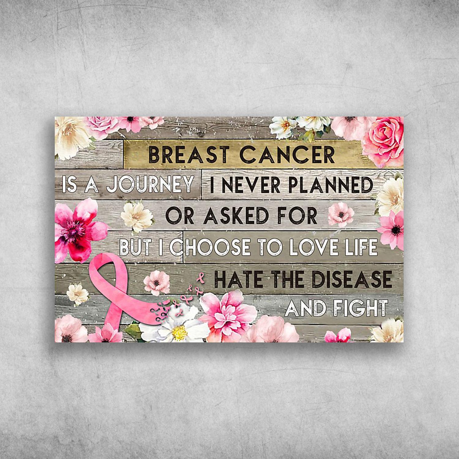 Pink Ribbon With Beautiful Flower Breast Cancer Is A Journey Poster Print Wall Art Canvas Wall Decor