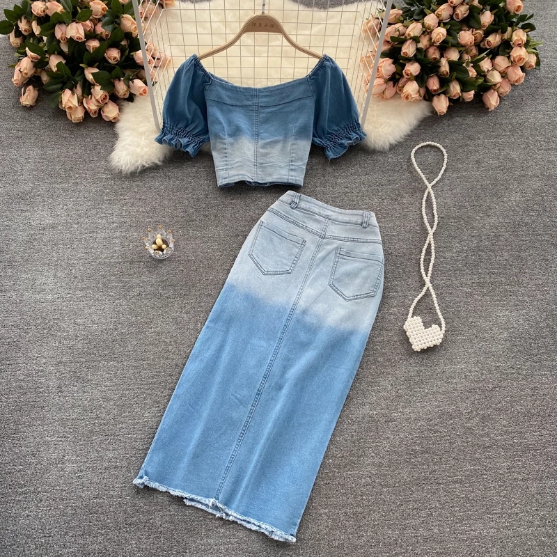 Two Piece Set Summer Denim Skirts Suits Women Gradient Color Sexy Crop Tops+Split Skirt Women Outfit ensemble femme 2 pièces alx