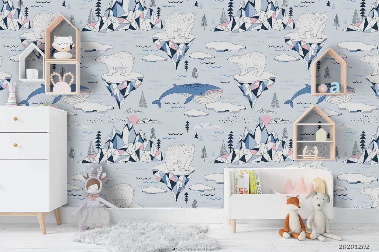 3D Seamless Polar Bear Blue Whale Ocean Mountains Iceberg Blocks Landscape Wall Mural Wallpaper Lxl