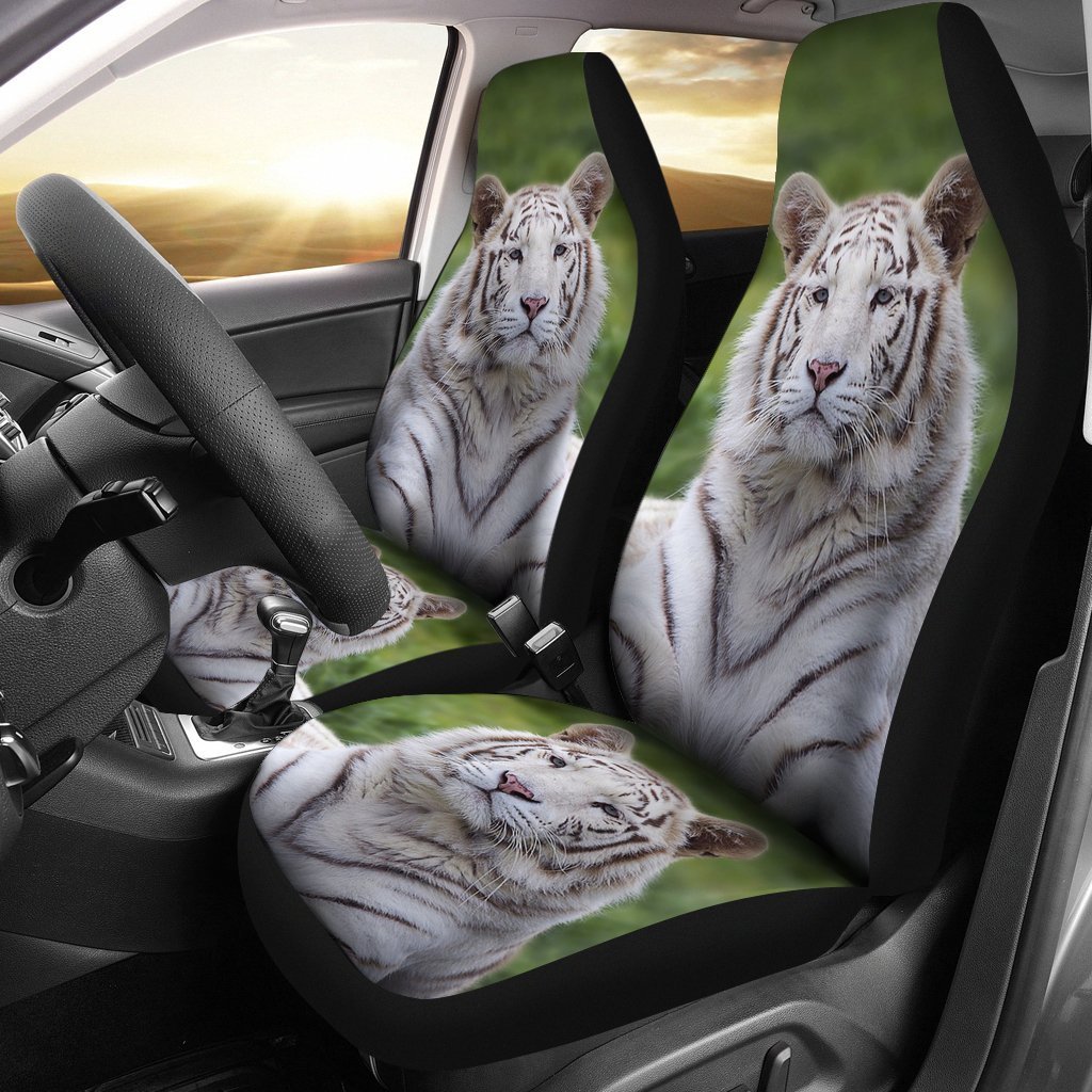 White Bengal Tiger Print Limited Edition Car Seat Covers Set 2 Pc, Car Accessories Seat Cover