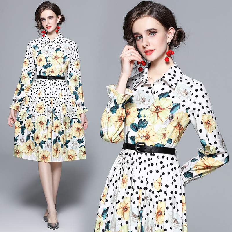 Spring Fall Floral Print Lapel Single-breasted Women Ladies Party Demure Elegant Temperament Belt Tunic Pleated Midi Shirt Dress alx