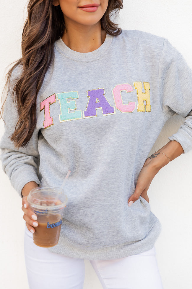 Teach Chenille Patch Fleece Grey Graphic Sweatshirt