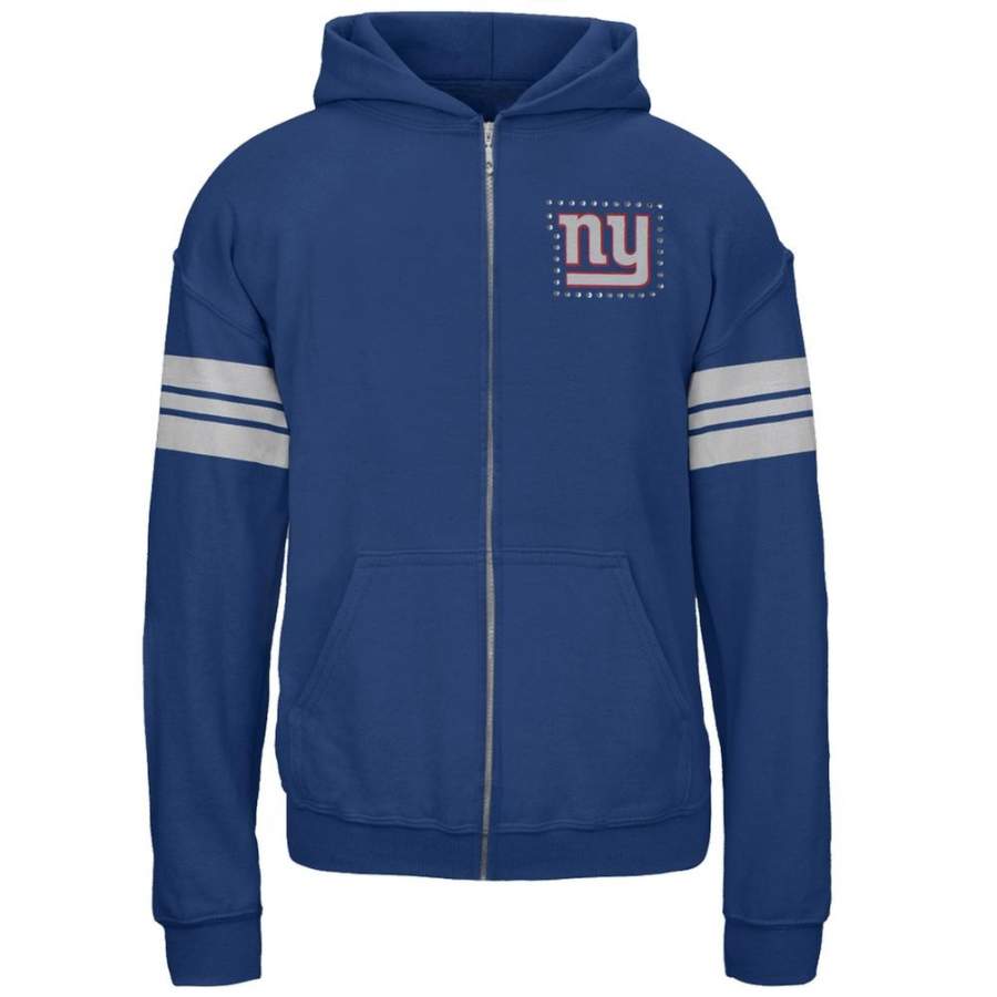 New York Giants – Rhinestone Logo Sport Stripes Girls Juvy Zip Hoodie