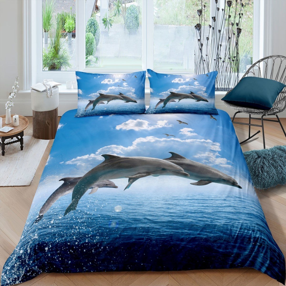 Dolphin Comforter Cover Set Kids Boys Girls Marine Ocean Creature Bedding Set Sea Animal Pattern Duvet Cover 3D Dolphin Print Bedspread Cover,Room Decor 2/3Pcs Bedding