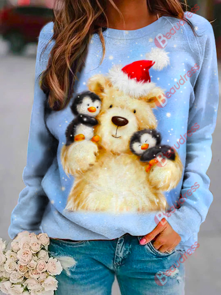 Polar Bear With Penguins Printed Sweatshirt