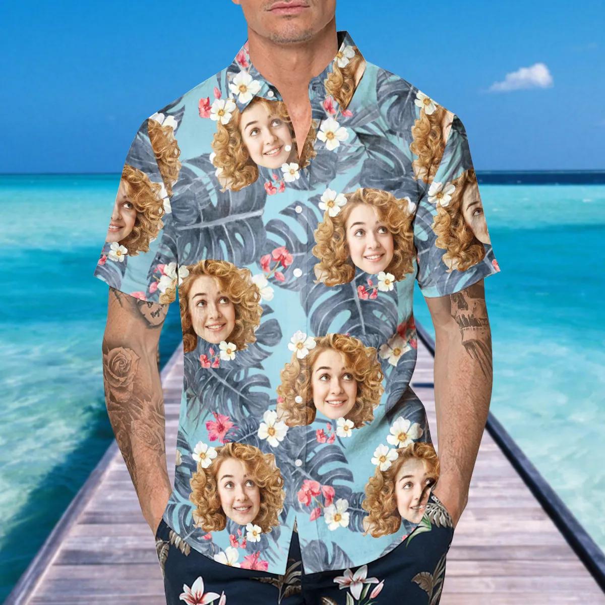 Blue Pattern Pattern Personalized Hawaiian Shirt, Custom Hawaiian Shirts With Face