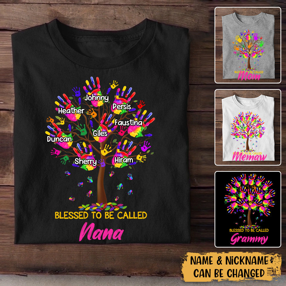 Personalized Colorful Hand Print Tree Blessed To Be Called Grandma Kid Name T-Shirt