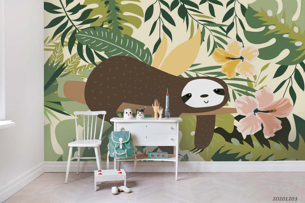 3D Cartoon Sloth Animal Pink Floral Green Leaves Plant Pattern Wall Mural Wallpaper Lxl