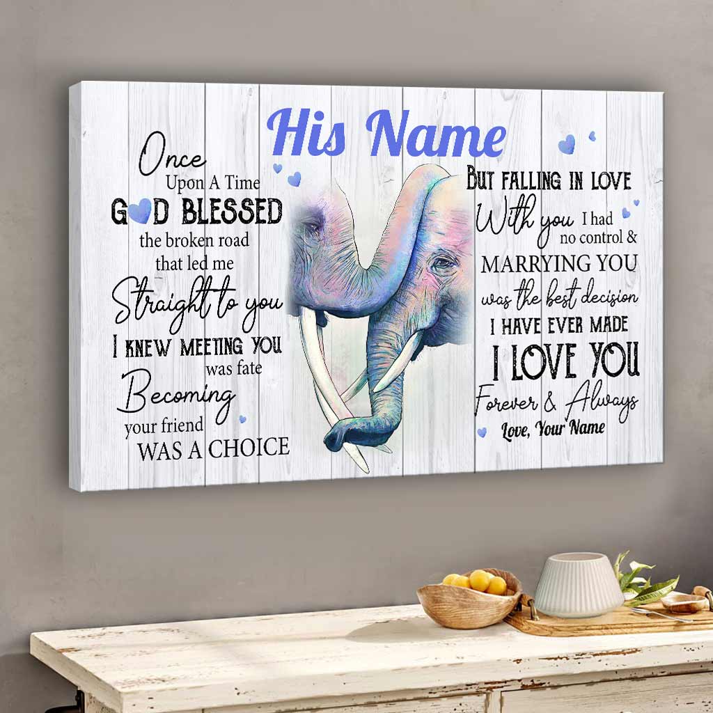 God Blessed The Broken Road – Personalized Couple Elephant Canvas And Poster