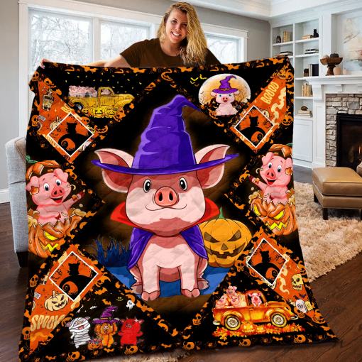 Witch Hat Pig And Jack O Lantern Pumpkin Halloween Blanket