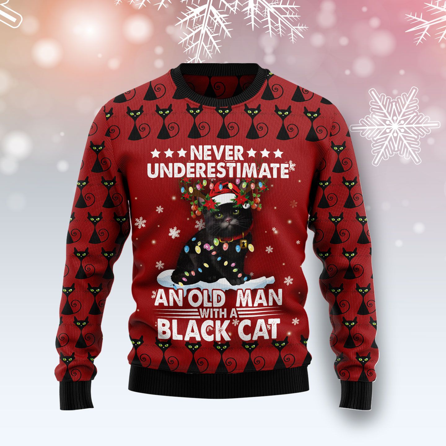 Black Cat Old Man Ugly Christmas Sweater | For Men & Women | Adult | Us5066