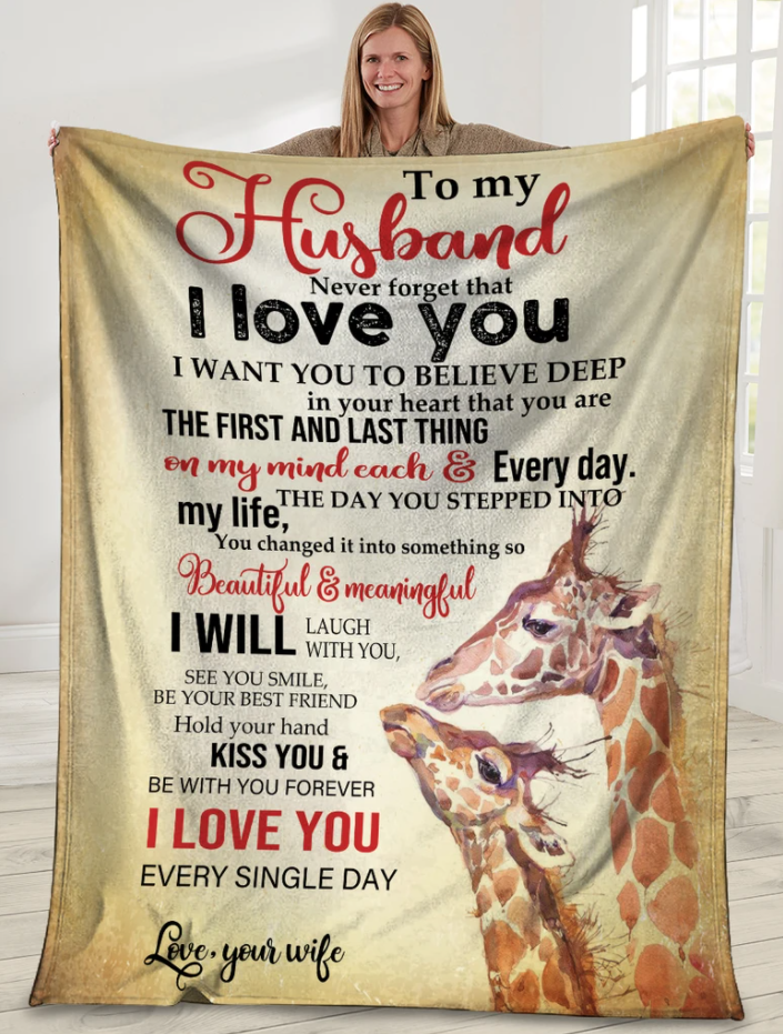 To My Husband, Never Forget That I Love You, Giraffe Fleece Blanket Gift For Husband For Valentine’S Day Home Decor Bedding Couch Sofa Soft And Comfy Cozy