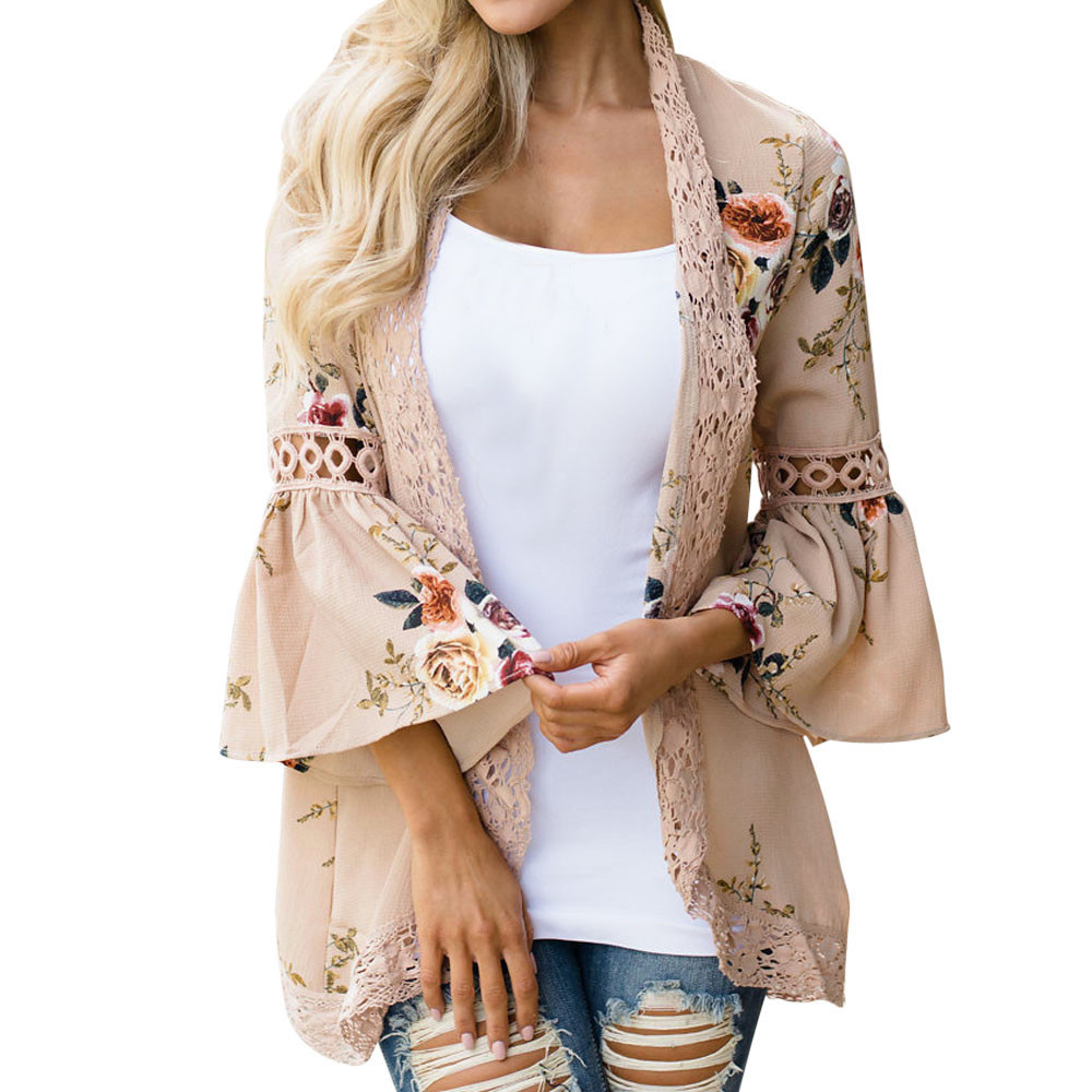 Women Lace Floral Open Cape Casual Coat Loose Blouse kimono Jacket Cardigan Cardigans for Women Fall Black Sweater alx