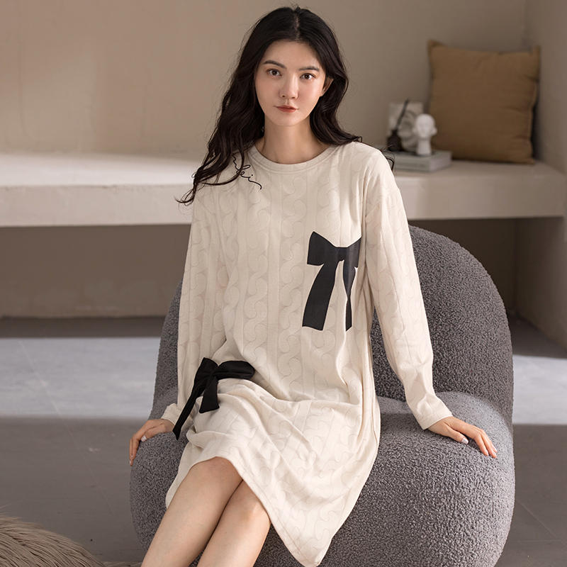 Autumn Pure Cotton Night Dress Womens Nightgowns Jacquard Sleepshirts With Bra Pad Ladies Nightgowns Elegant Homewear Nightdress alx