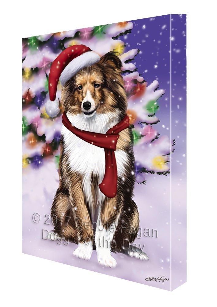 Winterland Wonderland Shetland Sheep Puppy Dog In Christmas Holiday Scenic Background Painting Printed On Canvas Wall Art