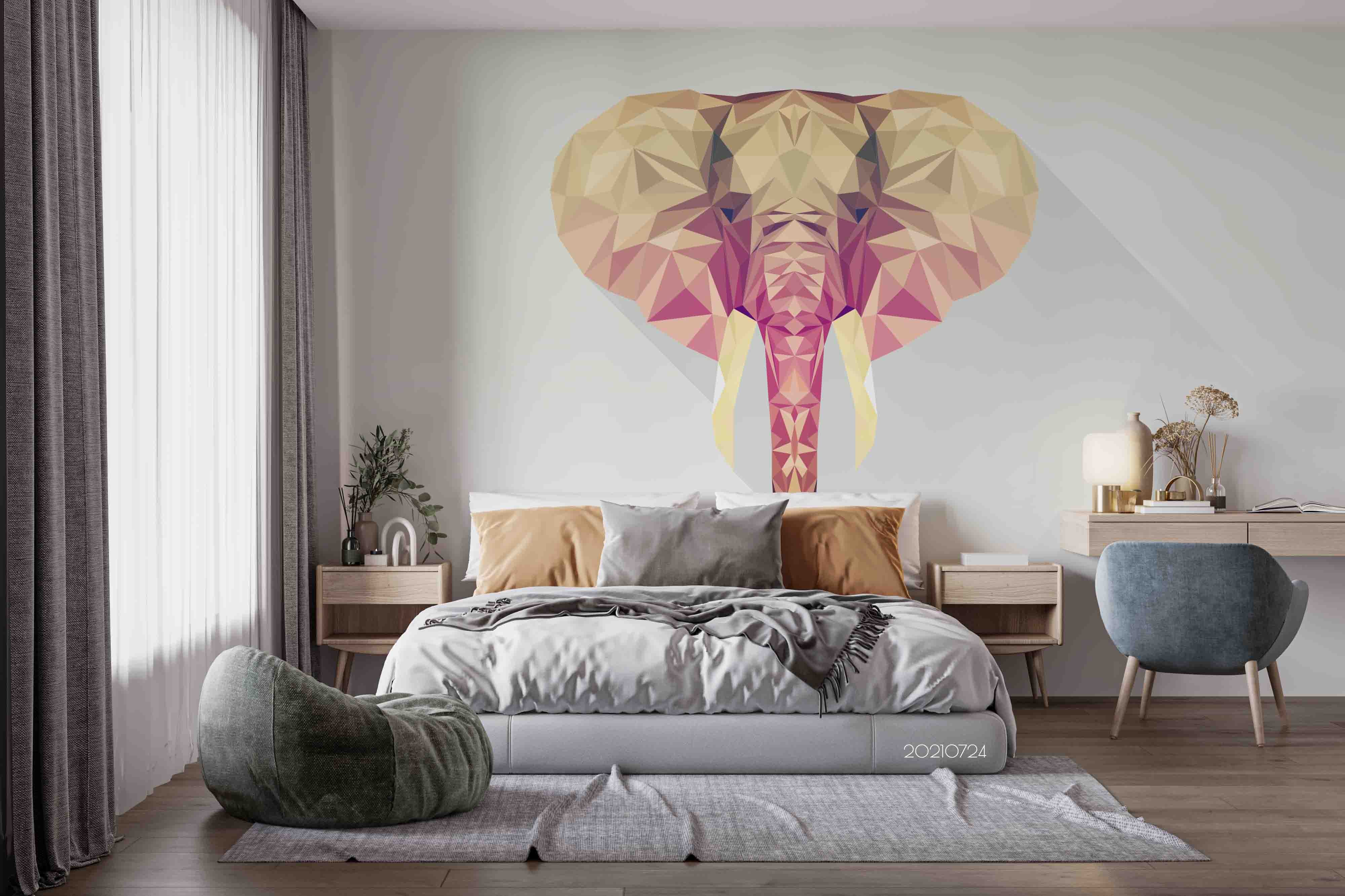 3D Elephant Golden Pink Head Wall Mural Wallpaper Sww3621