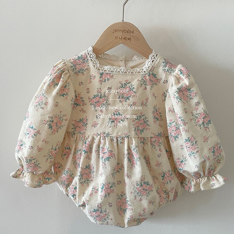 2022 Autumn Korean Floral Baby Girls Clothes Lace Square Elegant Princess Romper Long Sleeve Todder Bodysuit Kids Dress Outfits alx