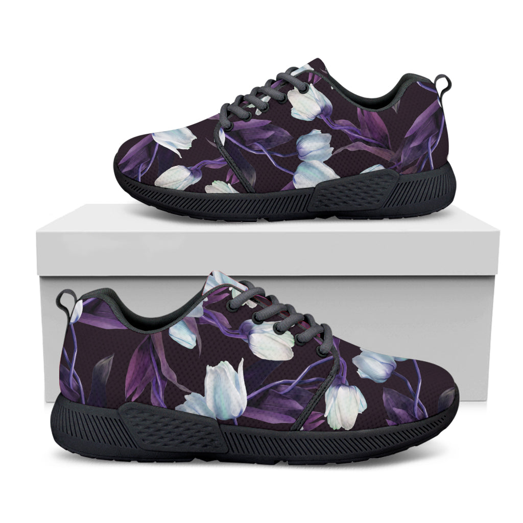 White And Purple Tulip Pattern Print Black Athletic Shoes