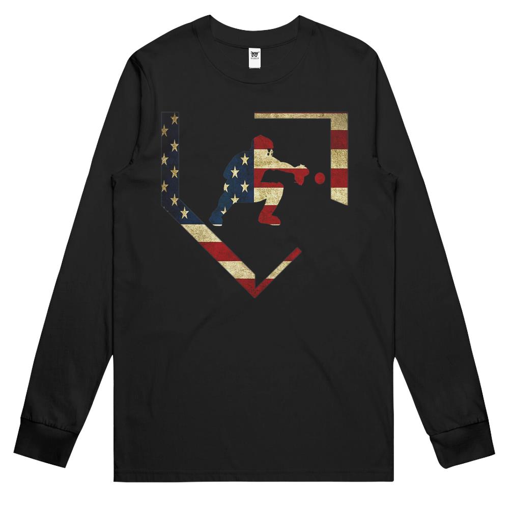 Baseball Catcher Gear T-Shirt American Flag Baseballin Gift Long Sleeve T Shirts